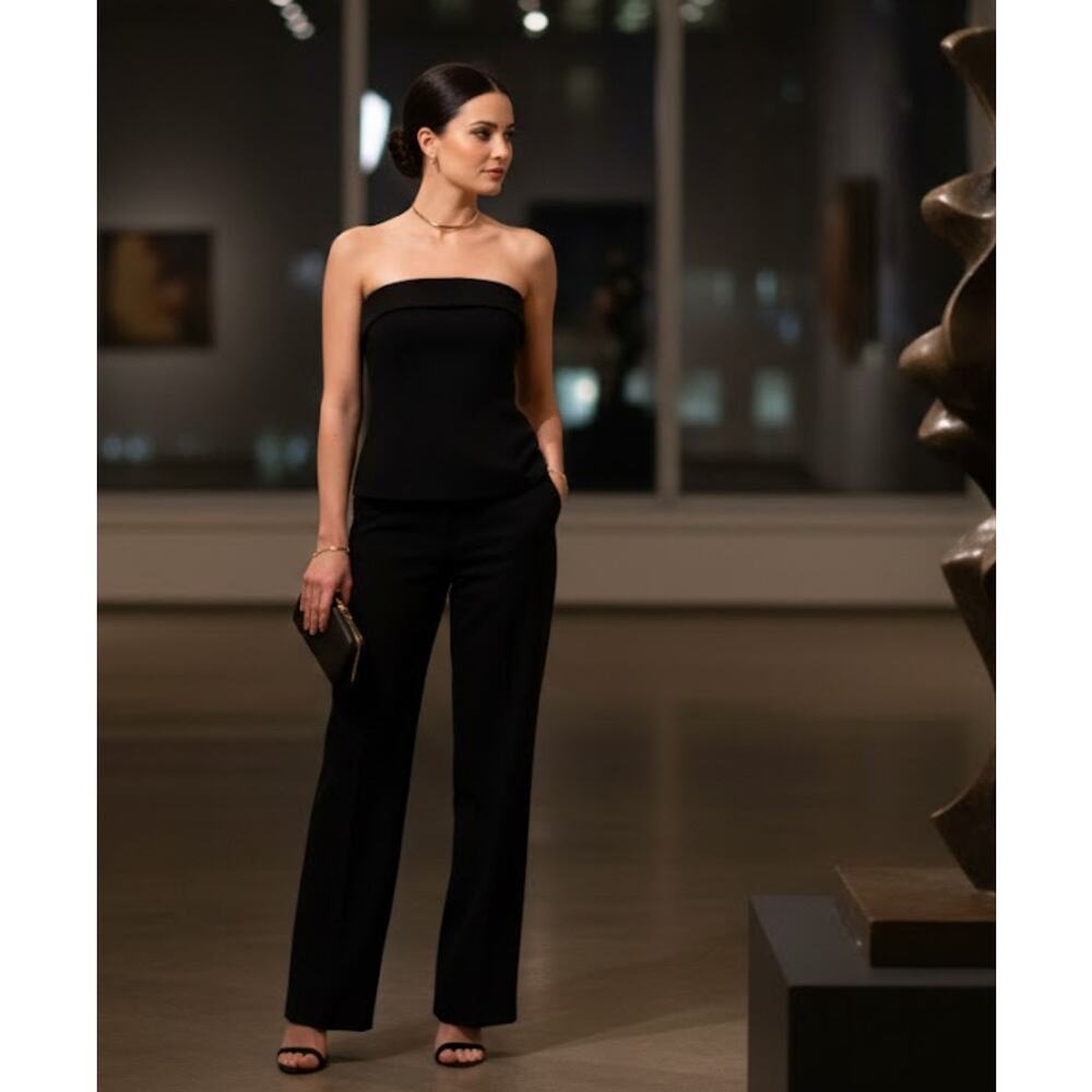 Emerson Lang Black Elegant Strapless Top with Folded Collar Medium